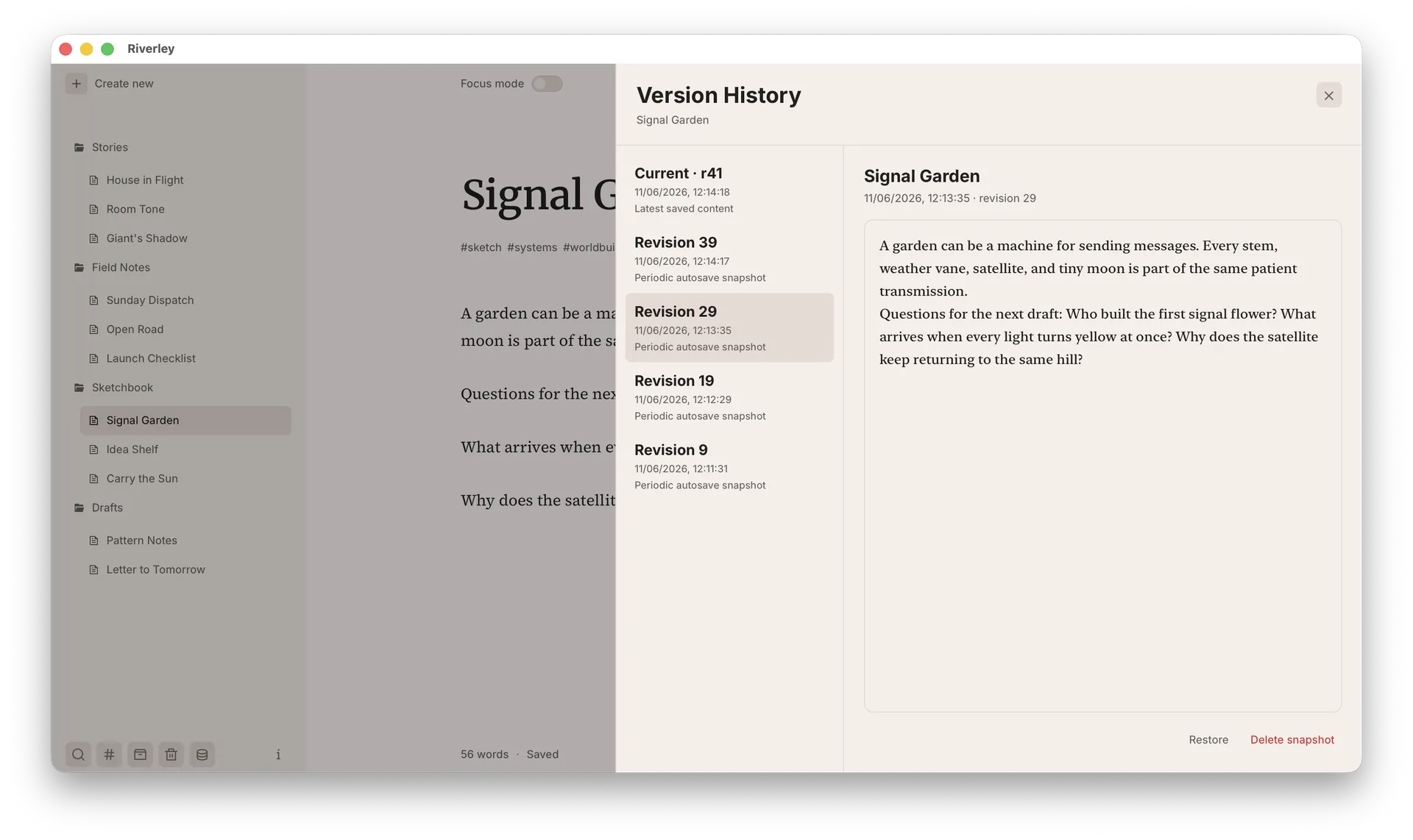 Riverley version history panel with document revisions